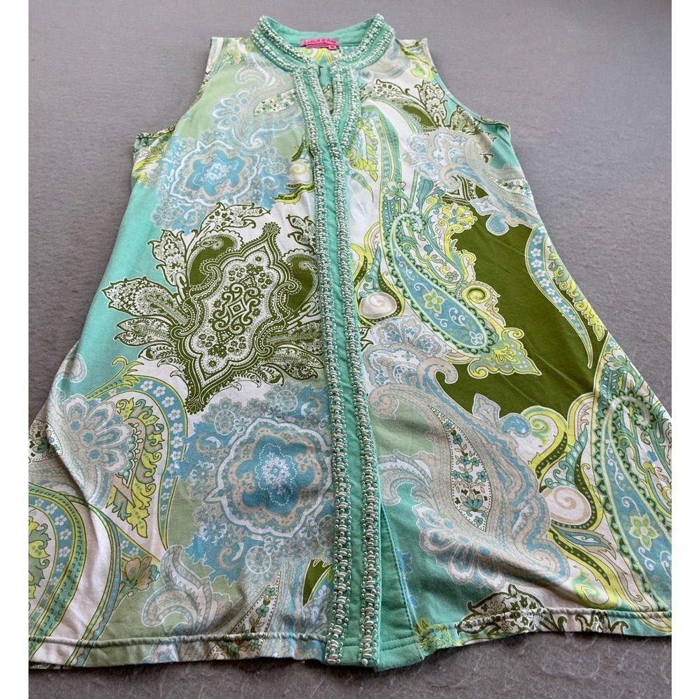 Joyous & Free Paisley Sleeveless‎ Tunic Top Beaded Neckline Size M Green Teal